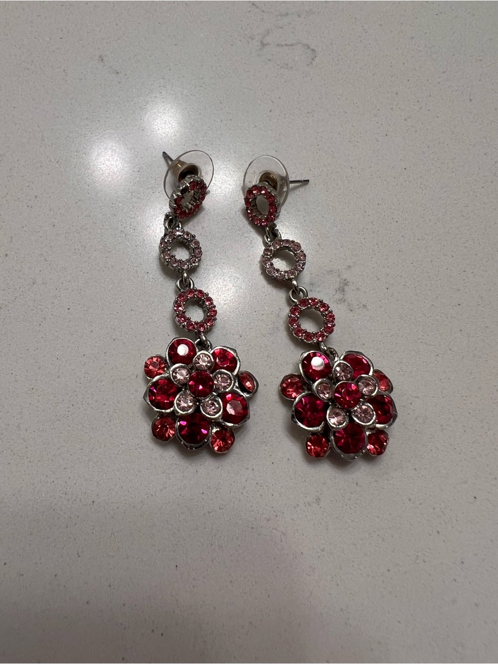 Pink Rhinestone Floral Dangle Earrings - Silver Tone Statement Jewelry